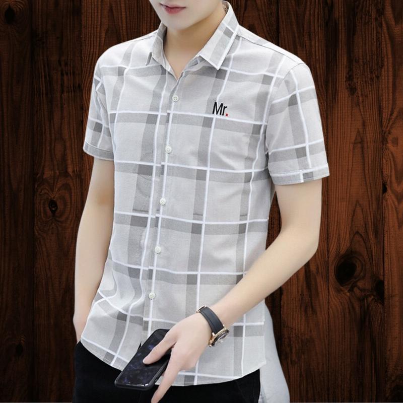 Áo sơ mi nam ngắn tay Mr thời trang Hàn Quốc Phối chữ From ôm phù hợp đi chơi , đi làm . Menswear Có Cổ Xám