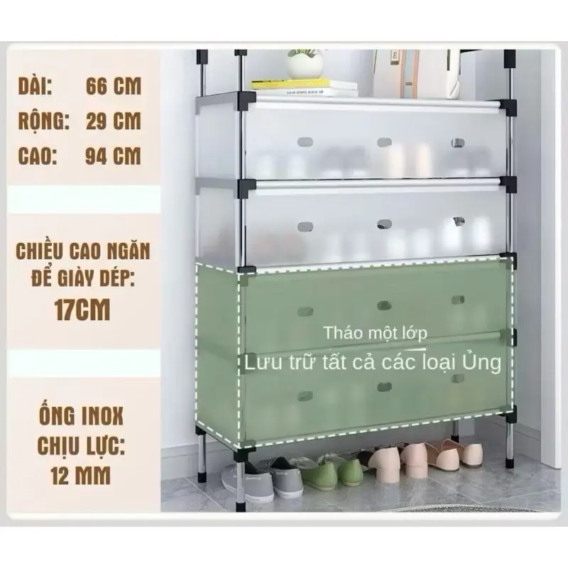 Kệ Inox 5 Tầng Có Vách Ngăn Chắn Bụi, Giá Inox Để Giày Dép 5 Tầng Có Nắp Đậy, Tủ Giày Thế Hệ Mới 4