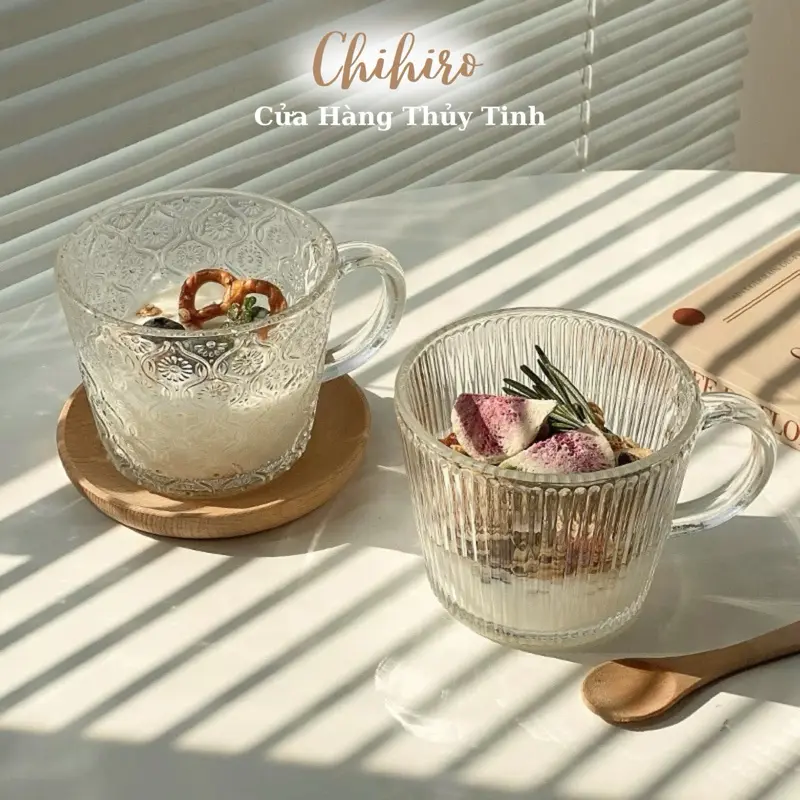 Tách thuỷ tinh có quai cỡ lớn 400ml,cốc thuỷ tinh ăn sữa chua,ly thuỷ tinh hoạ tiết sọc,ly uống nước -Chihirostore.decor