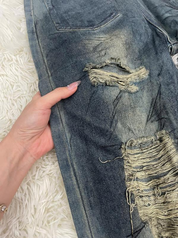 219 CMStore Quần Jean suông nữ phối  rách màu xanh bụi phủ ánh vàng quét sơn vải QC  dài 103cm rộng ống 2