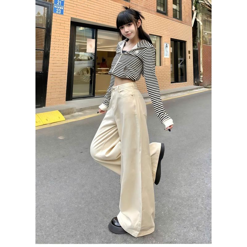 Quần jeans bò màu kem ống suông rộng phong cách Hàn Quốc 3