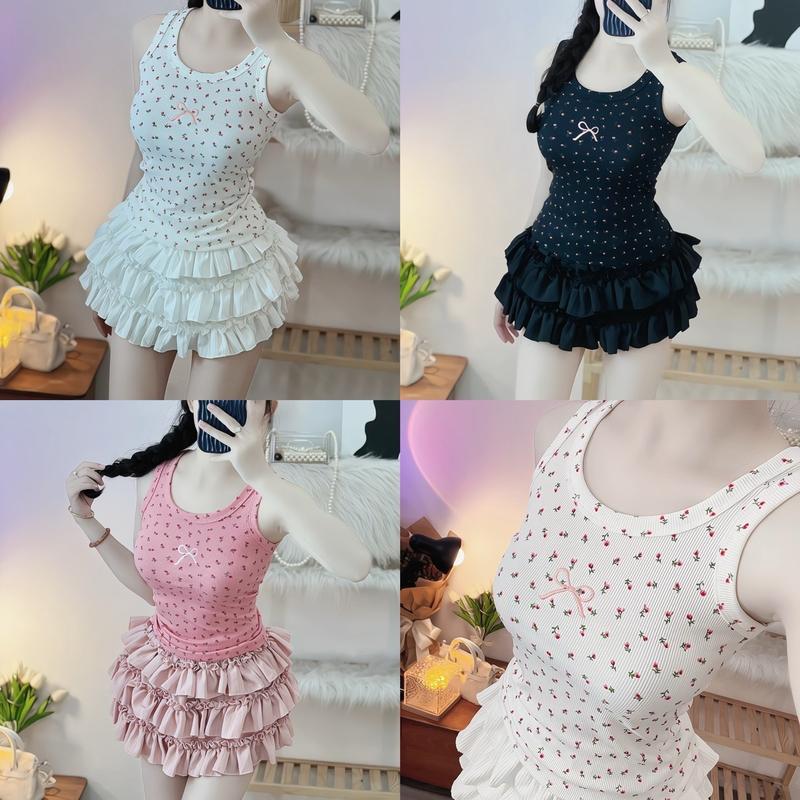 Set áo tăm nơ hoa nhí phối chân váy tầng xoè _VEEMEEHOUSE_set có tách lẻ sét