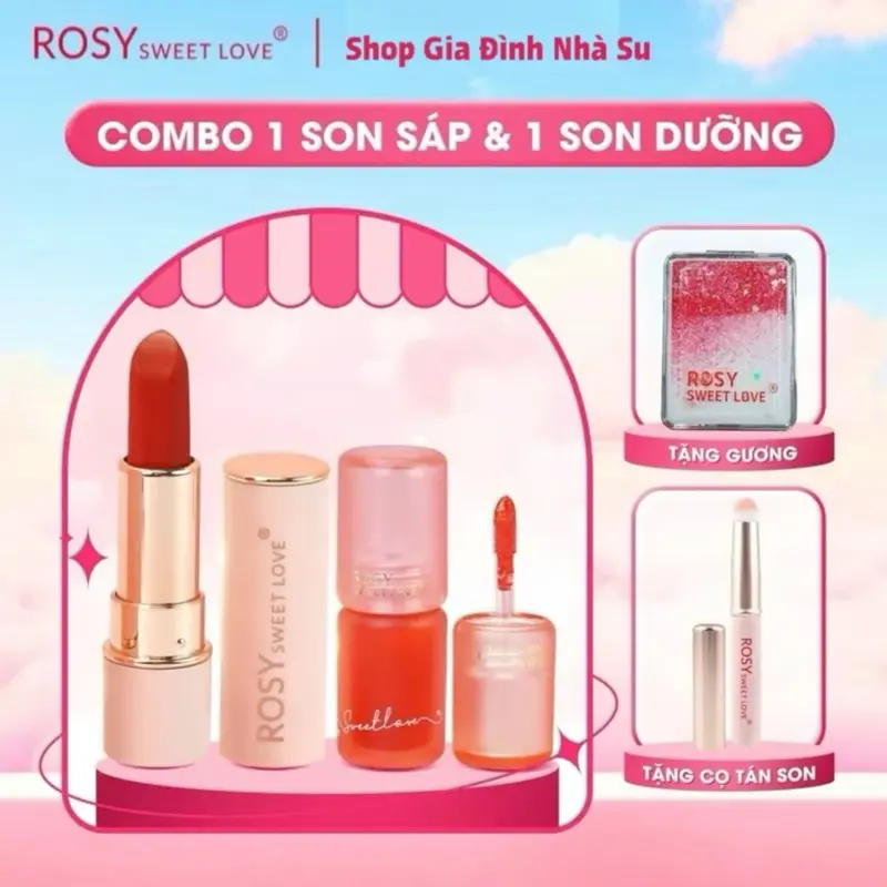 [TẶNG BỘ GƯƠNG CỌ KIM TUYẾN] COMBO 1 Son Dưỡng + 1 Son Sáp Rosy Siêu Lì giữ màu 2-4h, Mềm mịn môi bền màu chính hãng 0