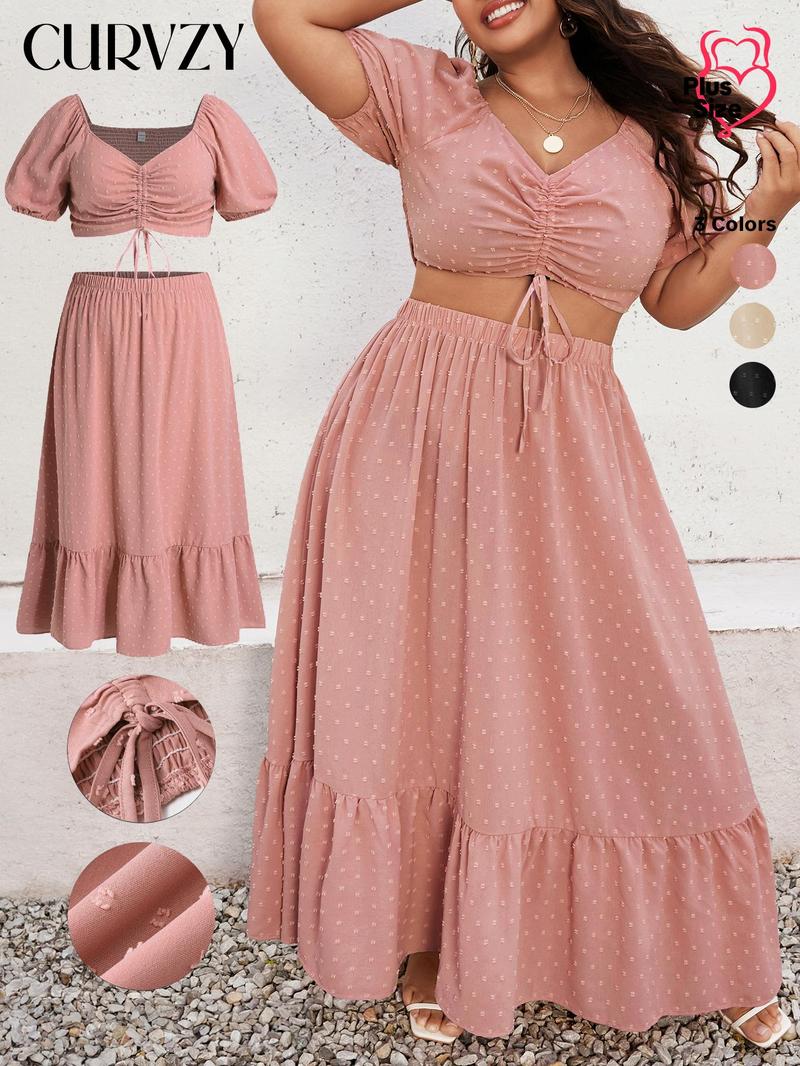 Product Introduction of CURVZY Plus Size Ruched Shirred Puff Sleeve Blouse & Ruffle Hem Skirt Set, Boho Swiss Dot Drawstring Sweetheart Neck Top & Long Skirt For Beach, Co Ords for Women, Women's Two-Piece Outfits For Summer & Autumn 4