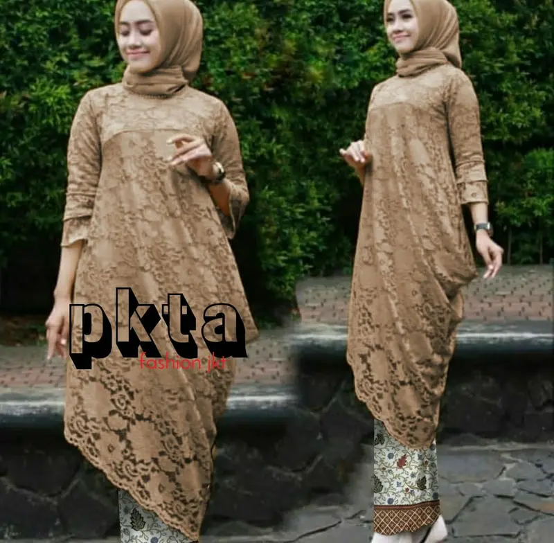 Setelan Kebaya Brokat Menceng/Miring Liza Koleksi Atasan Kondangan Tunik Panjang - Batik, Dress 6