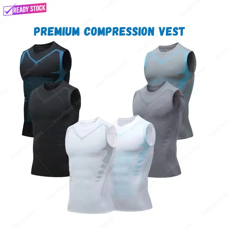 Sleeveless Ionic Bodybuilding Tank Top For Men Elastic Sleeveless Compression Shirt Gym Fitness Outdoor Sports Basketball Vest Top Quick-dry