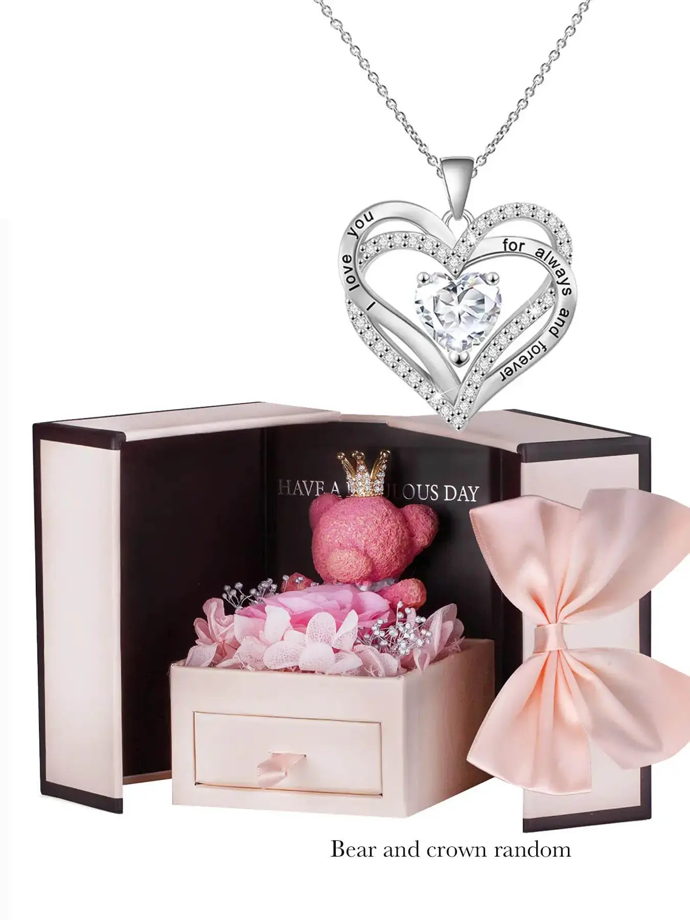 Women's Elegant Rhinestone Heart Design Pendant Necklace, Stylish Exquisite Pendant Necklace with Bear & Flower Gift Box, Fashion Matching Jewelry As Birthday Gift for Girlfriend Love Necklace, Valentine's Day, Gift