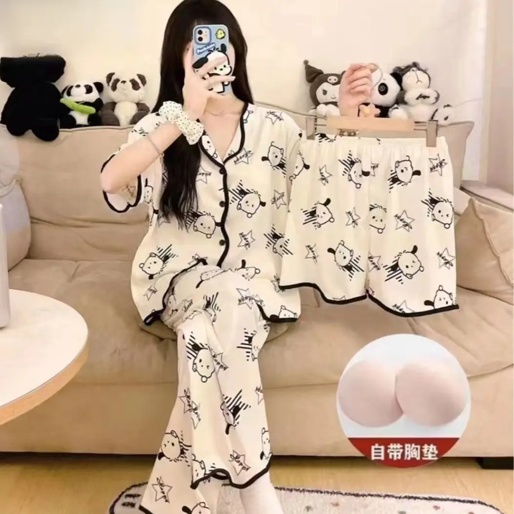 Pajamas Loungewear Hot Sale Three-Piece Set with Chest Pad Women's Summer Thin Short Sleeve Cute Ladies Light Loungewear Set