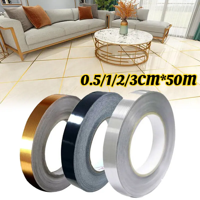 50M/Roll Gulungan Sticker list Gold 0.5/1/2/3/4/5cm Dekorasi Lantai ...