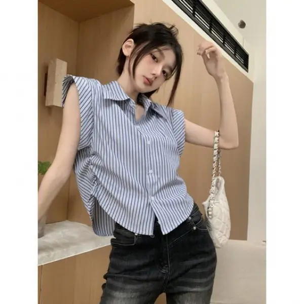 Áo Sơ Mi Không Tay Phong Cách Hàn Quốc, Dành Cho Nữ, Hàng Mới Về Mùa Hè, Cổ Polo, Áo Sơ Mi Kẻ Sọc, Áo Dáng Rộng Cổ Điển Áo Cánh Nữ 6