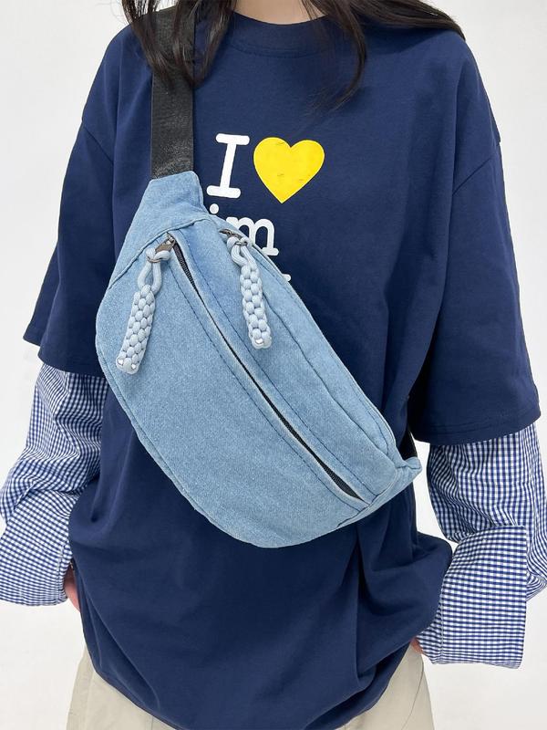 Women's Solid Color Denim Fanny Pack, Fashionable Large Capacity Sling Bag for Daily Used, Casual Trendy Versatile High-quality Daily Commuting Bag 4