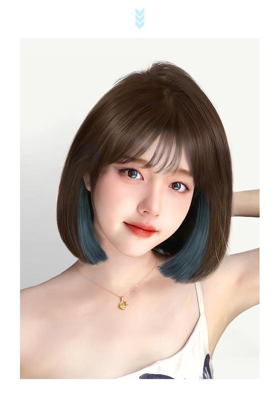 Product Introduction of Women's Fresh Dyed Western Style Youthful-Looking Ear-Hanging Dyed Bobhaircut Breathable Full-Head Wig Fashionable Thin Face-Looking Small 10