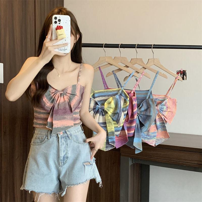 Product Introduction of Sweet and Spicy Style Striped Small Sling Vest Women's Summer Inner Wear Outer Wear Design Sense Niche Bow Sleeveless Short Top turtleneck  tank Lingerie Plaid Spaghetti Strap tank  top camisole  tops baby  tee 5