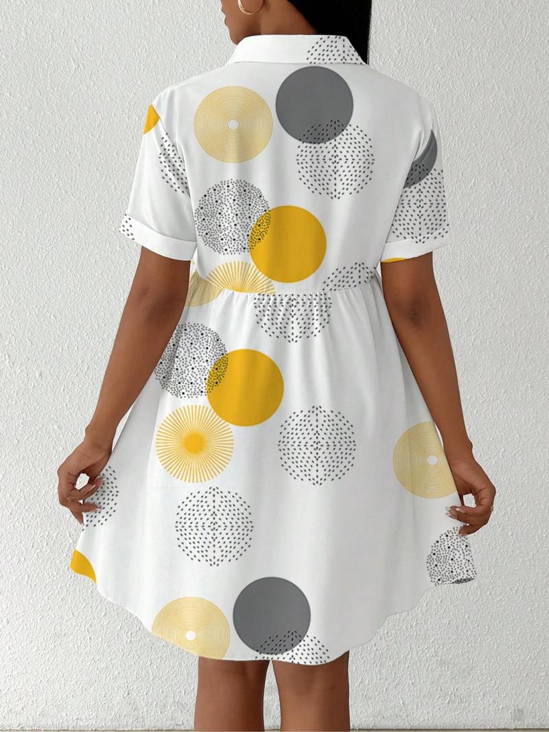 Product Introduction of 【Plus Size】 All Over Print Shirt Dress, Casual Short Sleeve Collared Dress for Summer, Women's Clothes for Daily Wear 5
