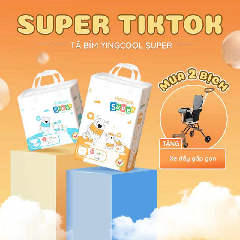 [ Tặng Xe Đẩy Gấp Gọn- Combo 2b ] Bỉm YINGCOOL SUPER Size NB104/S98/MD92/MQ88/L80/XL76/XXL72/XXXL72
