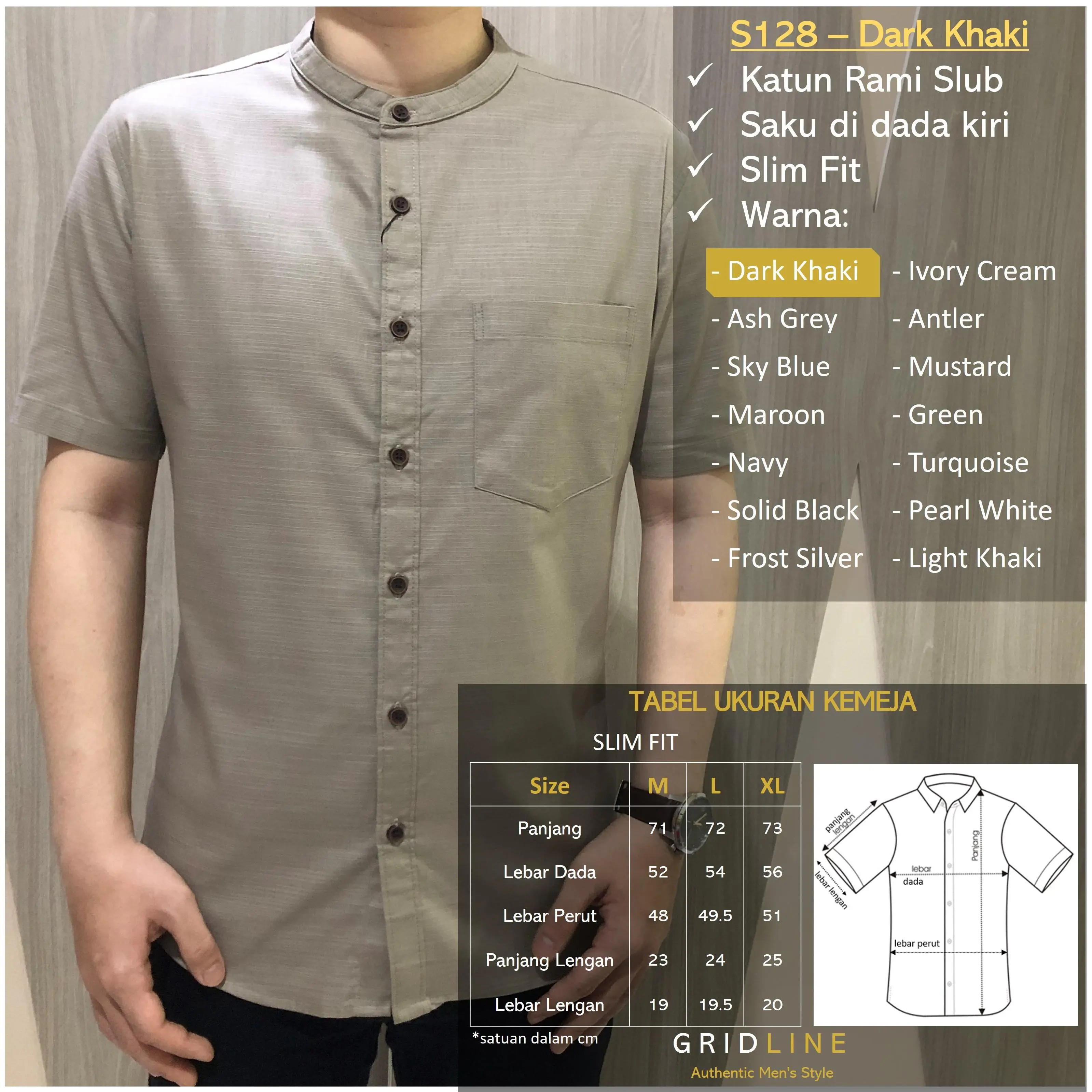 [GRIDLINE - S128 Colorful Premium Koko Series] Kemeja Koko Pria Slimfit Polos Katun Rami High Quality Adem Tebal Premium Berkualitas Kerah Sanghai Baju Koko Muslim Santai Casual Silver