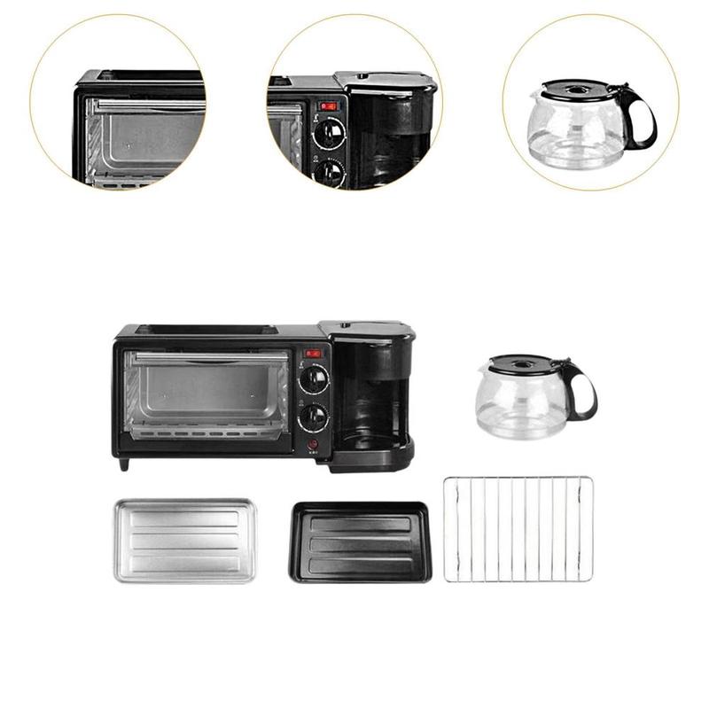Product Introduction of 3 in 1 Breakfast Maker Stainless Steel Black Heat Selector Mode with Coffee Machine Toaster Oven for Sausages Egg Sandwich Bread 1