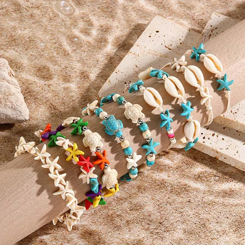 Vòng Tay Mặt Dây Chuyền Hình Rùa, Sao Biển, Vỏ Sò Biển Tự Nhiên Giả Bohemian, Dành Cho Phụ Nữ, Thời Trang, Thích Hợp Cho Bãi Biển, Sinh Nhật, Trang Sức Mùa Hè, Quà Tặng