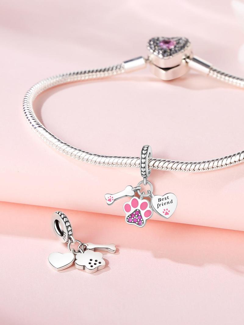 Product Introduction of 925 Sterling Silver Cute Paw Design Heart Charm, Paw Design Heart Charm for DIY Bracelet & Necklace, Fashion Jewelry Accessories for Women & Girls 3
