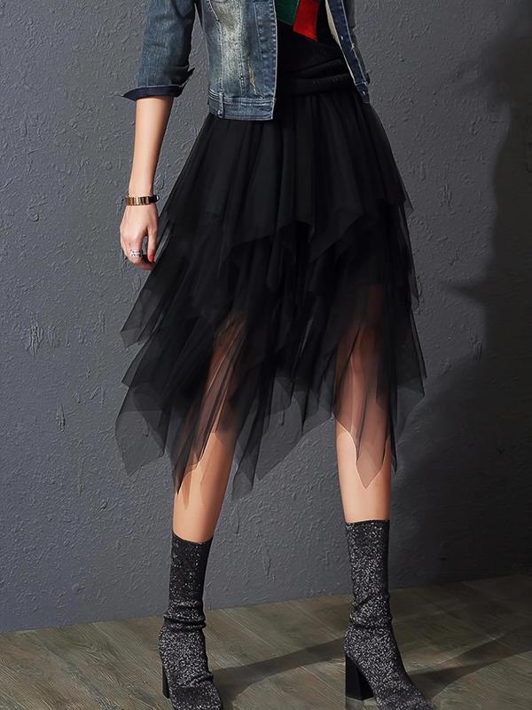 Women's Asymmetrical Hem Tiered Layer Tulle Skirt, Elegant High Waist Midi Skirt for Party Holiday Vacation, Ladies Summer Clothes, Fashion Outfit for Summer Valentine's Day, gift 1