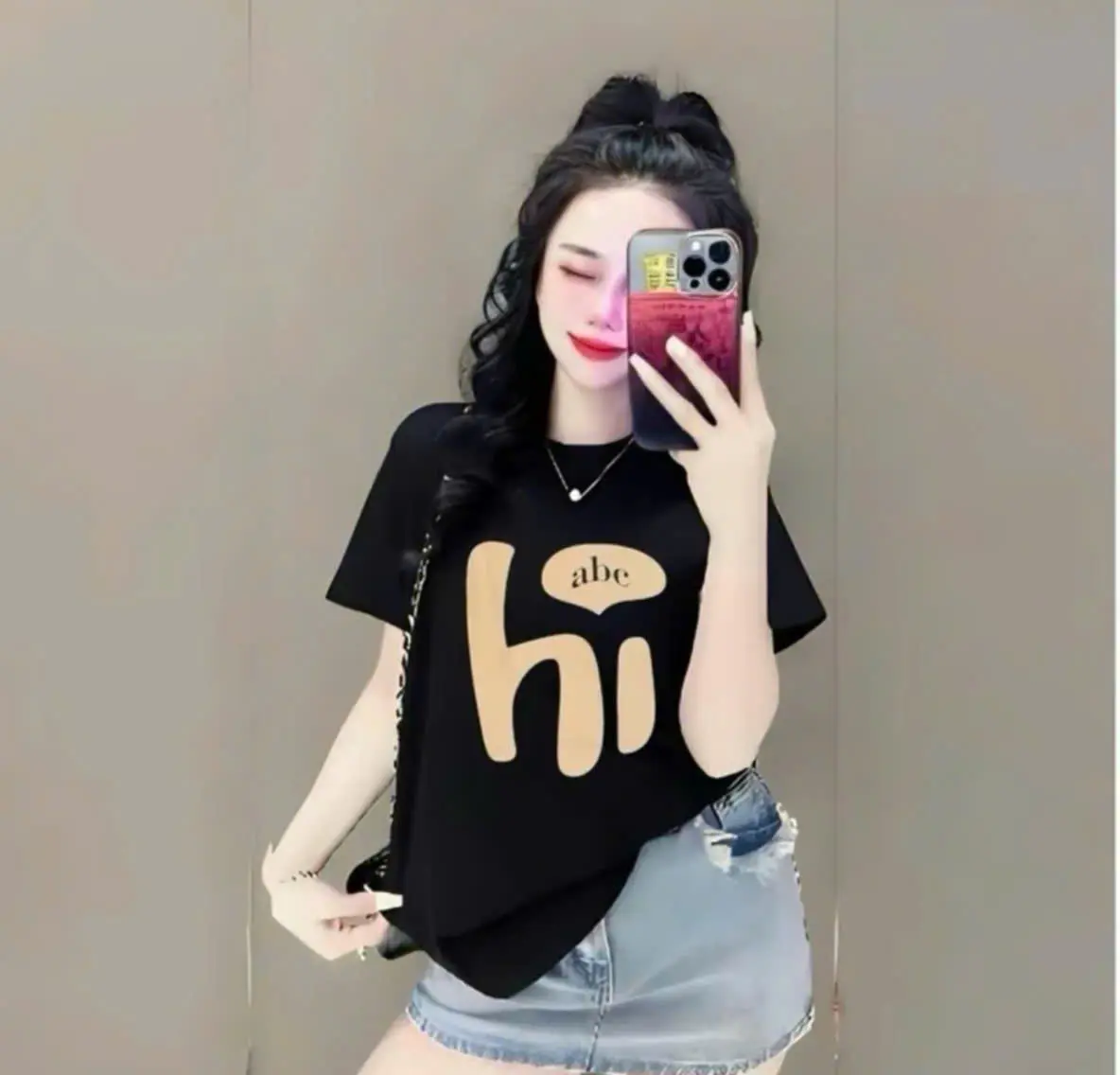 Áo phông dáng vừa in chữ Hi chất thun co giãn