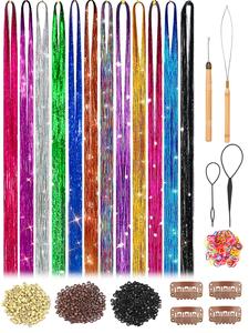Kit de Tinsel para el cabello con brillo, 12 piezas de color mezclado con herramientas, Accesorios para el cabello resistentes al calor para niñas, mujeres y niños