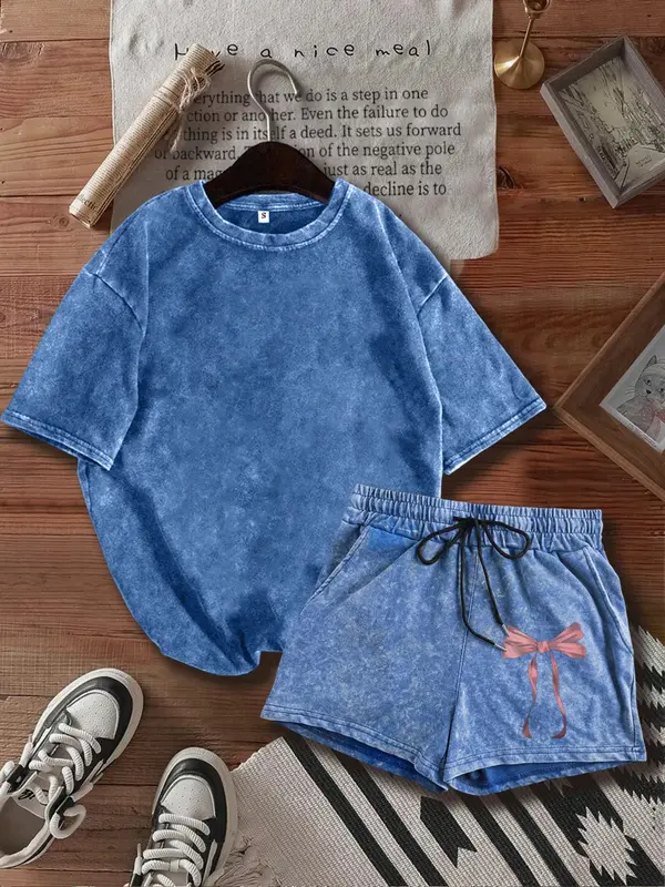 Two-Piece Set Women's Bow Print Tee & Shorts, Casual Short Sleeve T-shirt & Skinny Shorts, Ladies Summer Clothes for Daily Wear 7