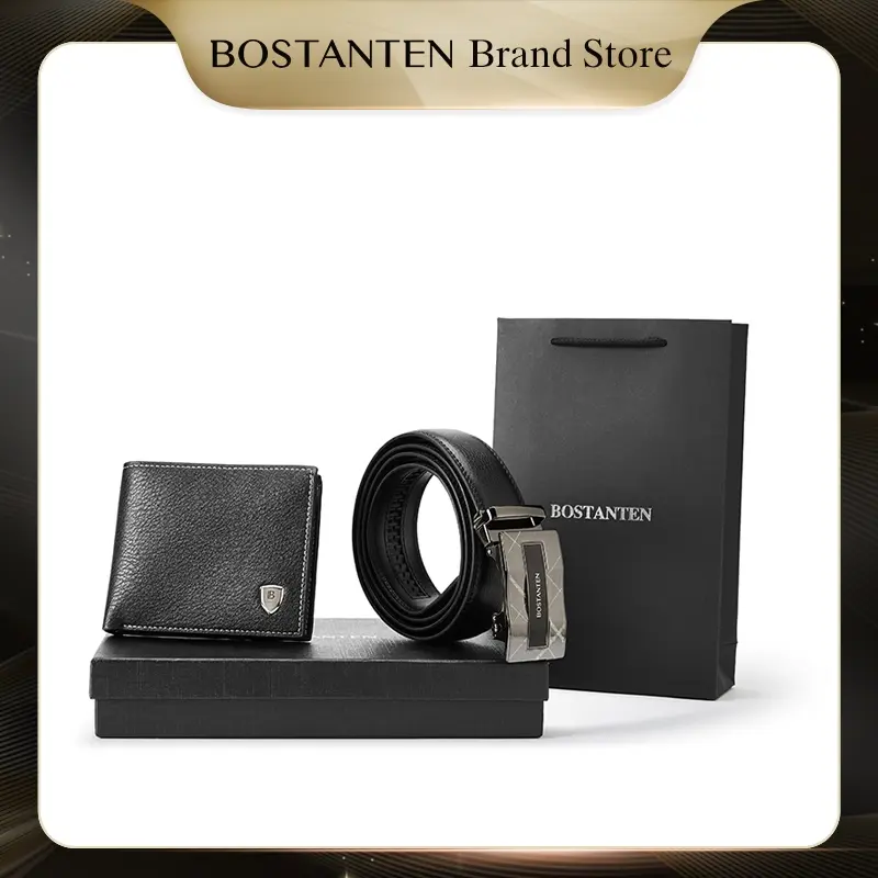 BOSTANTEN Set Kombinasi Dompet PU Dan Sabuk Kulit Sapi Pria (Kotak+Tas Hadiah)