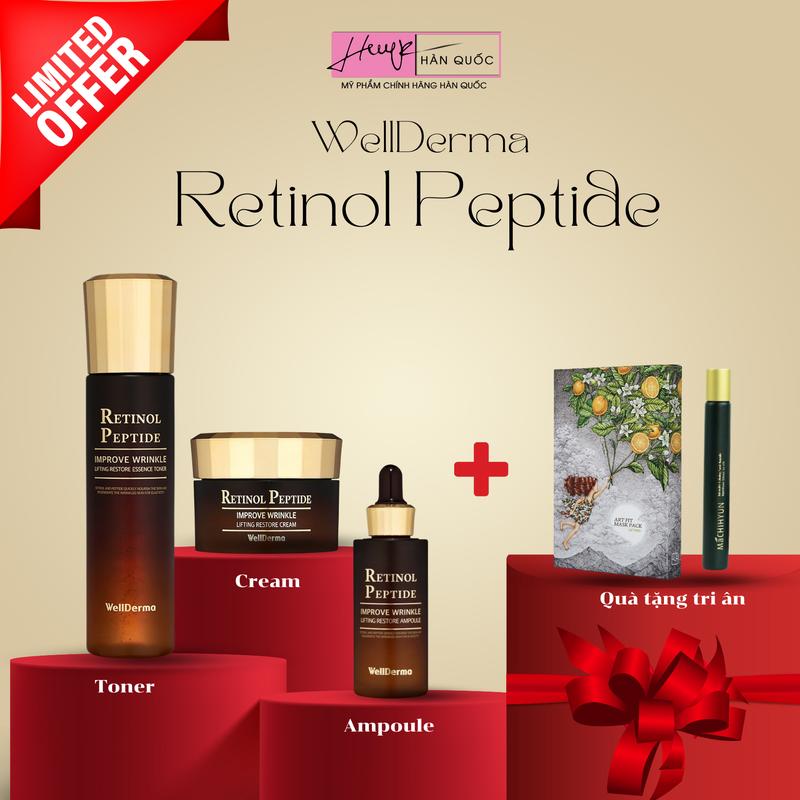 Bộ 3 Toner, Ampoule, Kem Dưỡng Retinol Peptide WellDerma - Tặng 1 thanh lăn tinh chất + 1 hộp mặt nạ nâng cơ Art Fit