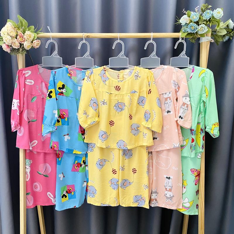   5-38 Kg  -SET 5 Bộ Đồ Tole Lanh Dài Bé Gái - Mẫu Dài Nút Sau - Đồ bộ cho bé gái Chất vải tôn lanh mềm mại thoải mái -Bộ quần áo ngủ cho bé 