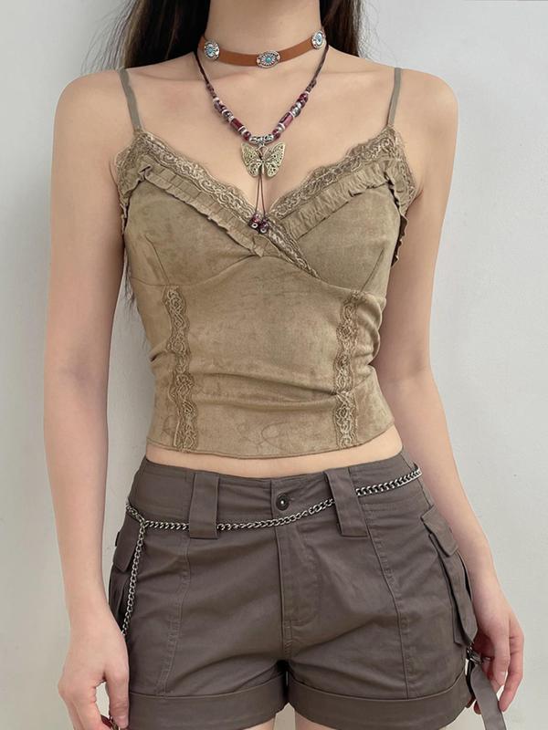 Women's Contrast Lace Cami Crop Top without Necklace, Summer Clothes, Solid Frill Trim Spaghetti Strap Top for Summer, Women's Clothing for Daily Wear 2
