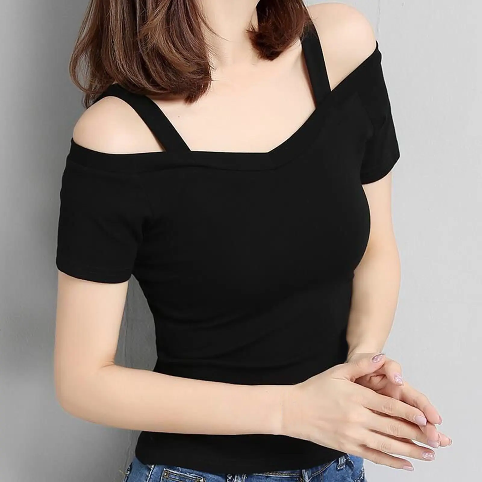 <Hot Sale> Off Shoulder Sling Short Sleeve Women T-shirt Summer Solid Color Slim Pullover Top Streetwear