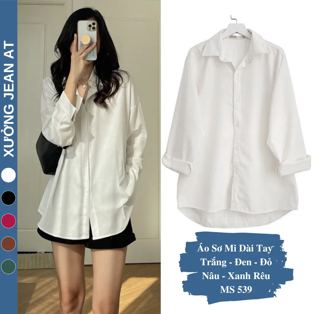 Áo Sơ Mi Nữ Form Rộng Dài Tay Cotton Lụa Hàn Màu Trắng Đen Đi Học, Đi Làm, Văn Phòng, Công sở 539