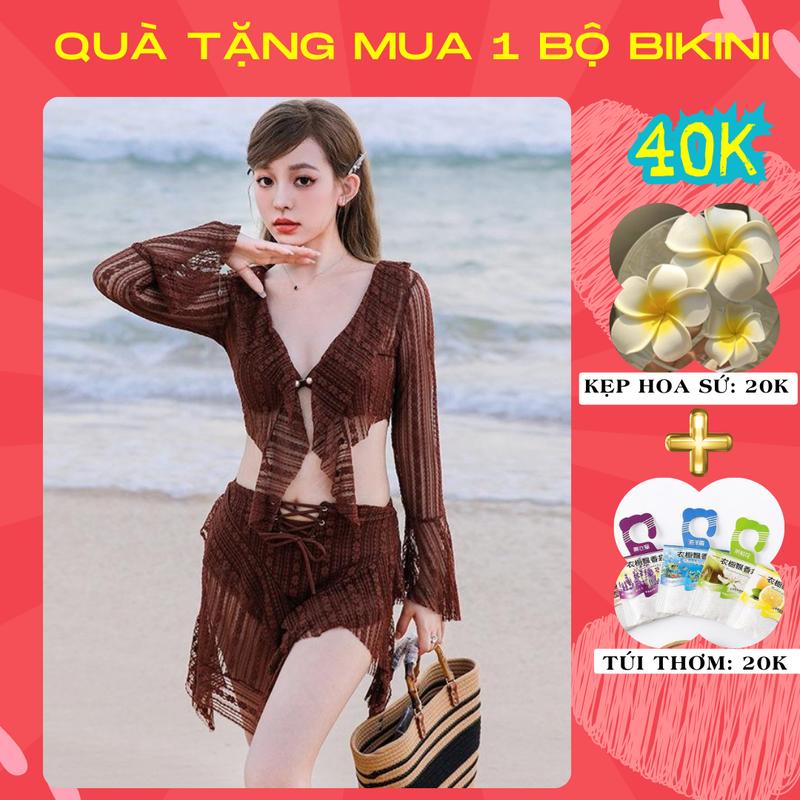 Set đồ bơi bộ bikini đi biển 3 chi tiết nhún bèo che khuyết điểm tôn dáng áo dài tay chống nắng kèm chân váy 22058 A4