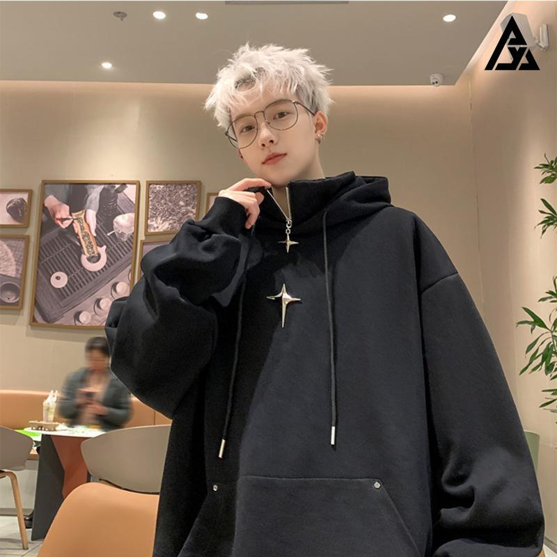 Áo Hoodie Anyoung nam nữ cổ cao dáng rộng phối khóa kéo thời trang, áo nỉ hoodie Retro Mỹ, hoodie zip nam nữ Menswear Dài Tay