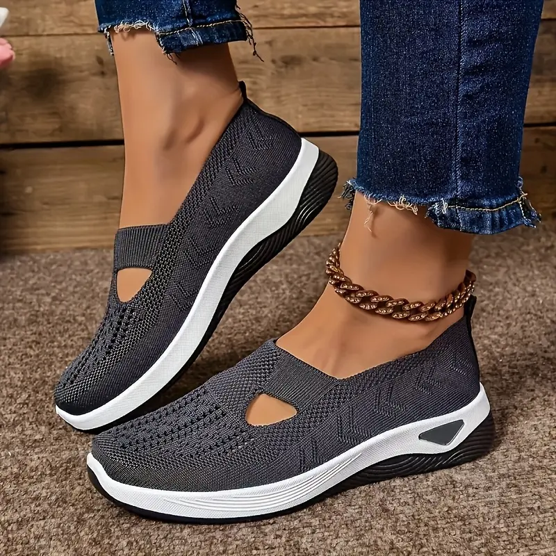 Women's Ultra-Breathable Knit Sneakers - Easy Slip-On, Lightweight & Comfortable Flat Shoes with Cut-Out Design All-Day Wear - Perfect Outdoor Walks and Casual Strolls, Cute Shoes 7