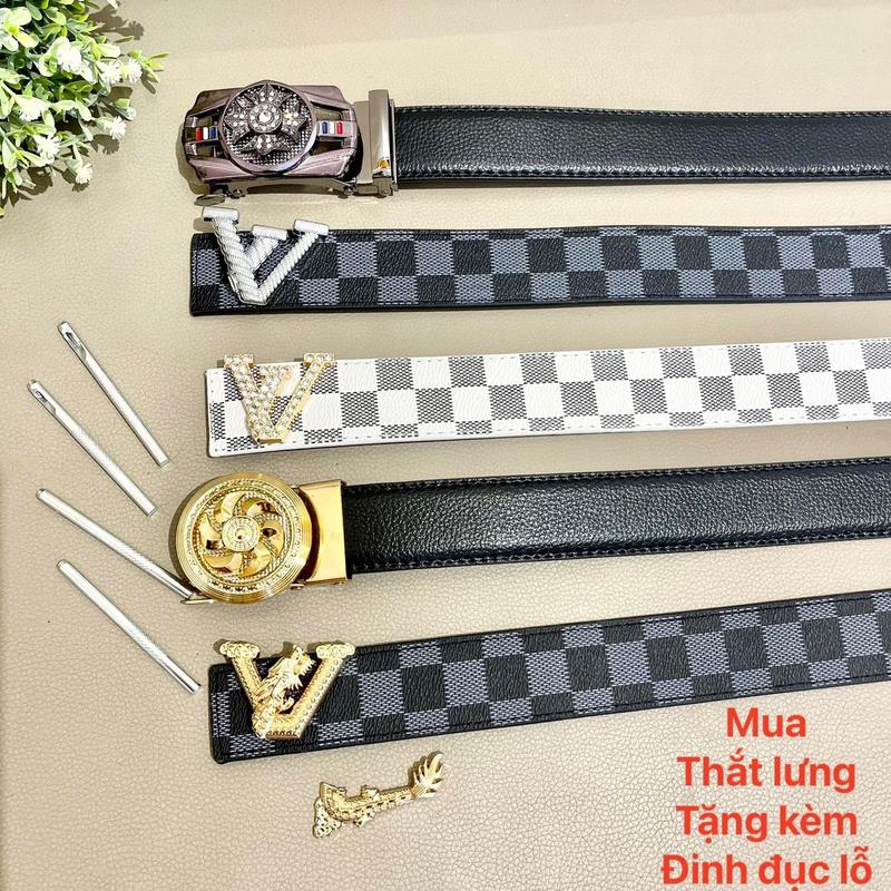 Thắt lưng nam mặt khoá hợp kim, dây lưng nam kẻ ô tặng kèm đinh đục lỗ