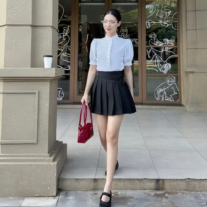 Chân váy nữ Ivy Skirt xếp ly cạp xéo nơ lệch sườn,Chân váy dáng tennis vải chéo nhật cao cấp VVND032403 thiết kế ByGerme