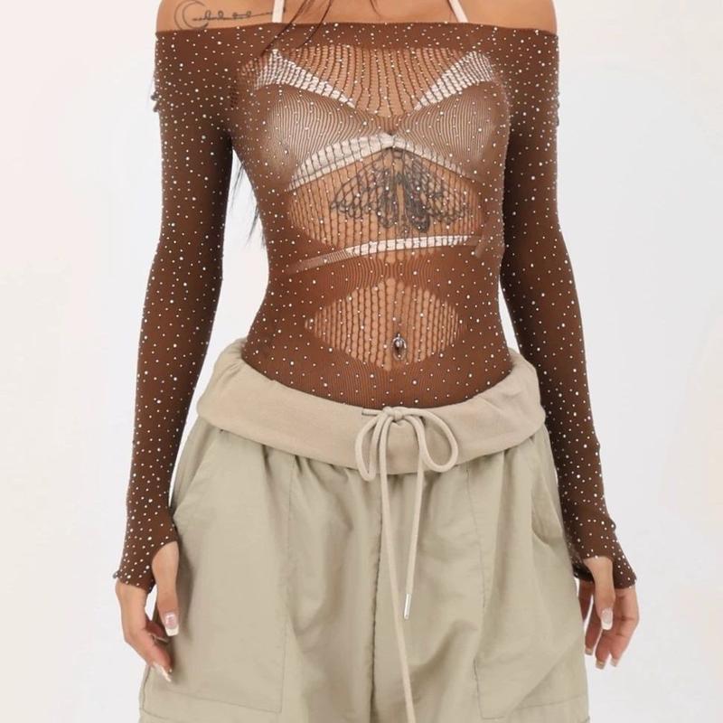 Product Introduction of Áo Jumpsuit Quần Cô Gái Nóng Bỏng Gợi Cảm, Phong Cách INS Châu Âu Và Mỹ Dài Tay, Áo Phông Áo Xuyên Thấu Khiêu Vũ khoét Áo Múa Jazz Dáng Ôm 9
