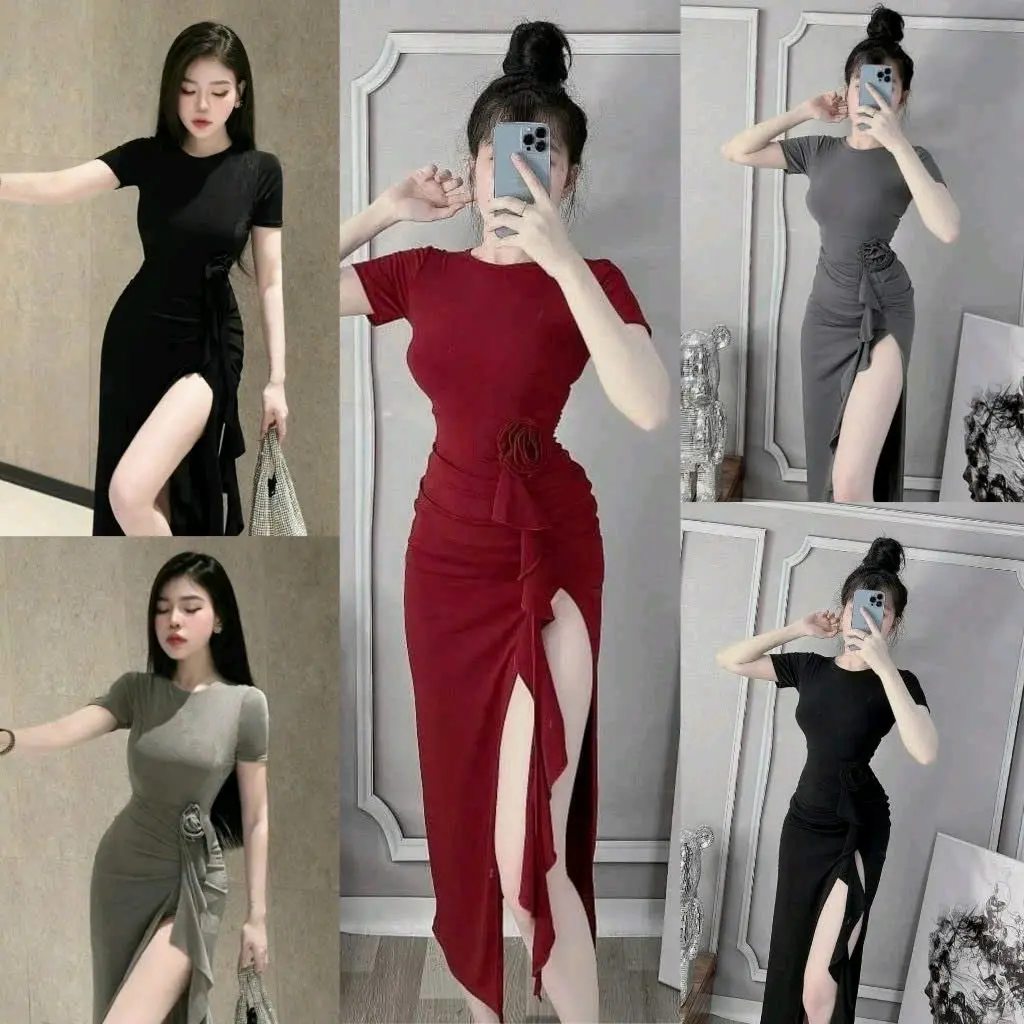 (bigsize) đầm cổ tròn xẻ tà cao có hoa hồng nữ tính