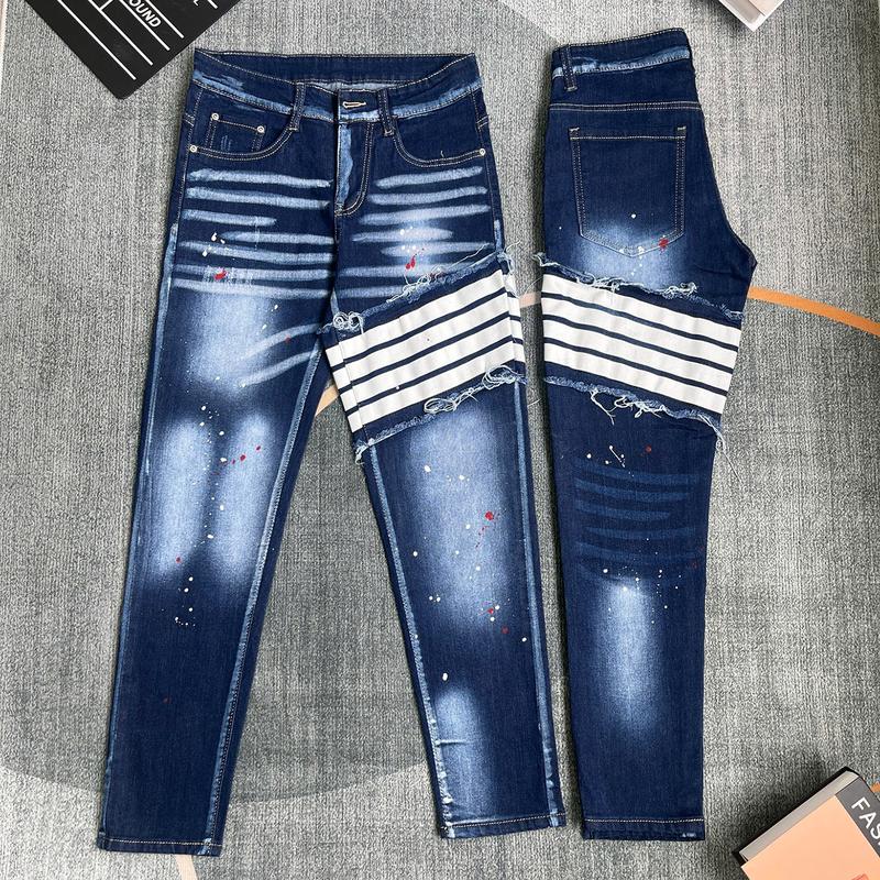 Quần jean nam xanh vẩy sơn sọc kẻ trắng cá tính chất jean co dãn phong cách hot - Menswear, Pants Có Túi Denim quanjean nam quần  dsq