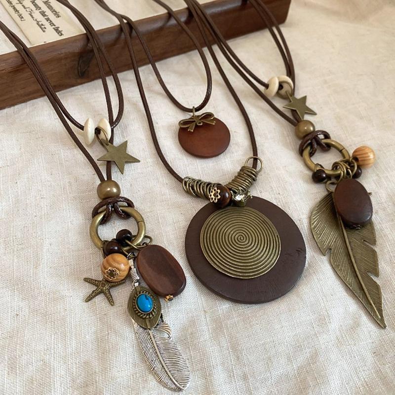 Vòng Cổ Phong Cách Dân Tộc, Tua Rua Cổ Điển, Thiết Kế Gỗ Họa Tiết Phong Cách Bohemian, Choker, Thiết Kế Lá, Làm Bằng Dây Thừng Pu, Dây Chuyền Áo Len Dài, Thích Hợp Cho Bữa Tiệc 7