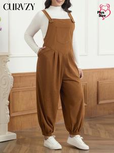 CURVZY Plus Size Solid Color Corduroy Overalls, Casual Pocket Suspender Pants for Daily Wear, Women's Clothing for All Seasons