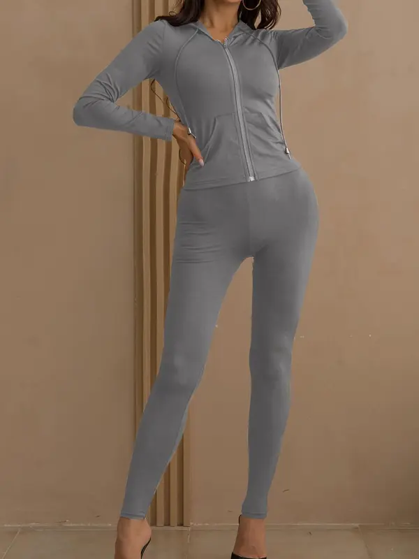 Women's Plain Pocket Zipper Hoodie & Leggings Set, Drawstring Long Sleeve Top & Skinny Pants Set, Valentine's Day Gift for Girl, Women's Lounge Two Piece Outfits, Womenswear, Elegant Gym Outfits 5
