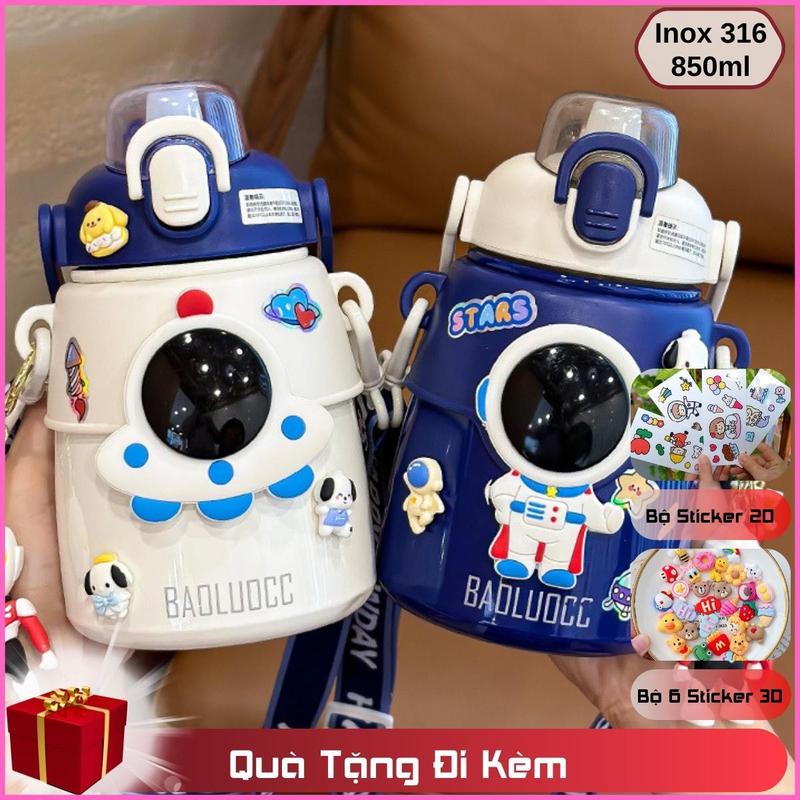 Bình nước giữ nhiệt trẻ em đi học INOX 316 850ml dễ thương đáng yêu cute có dây đeo tặng kèm sticker 2D, 3D BBG0716 binh giu