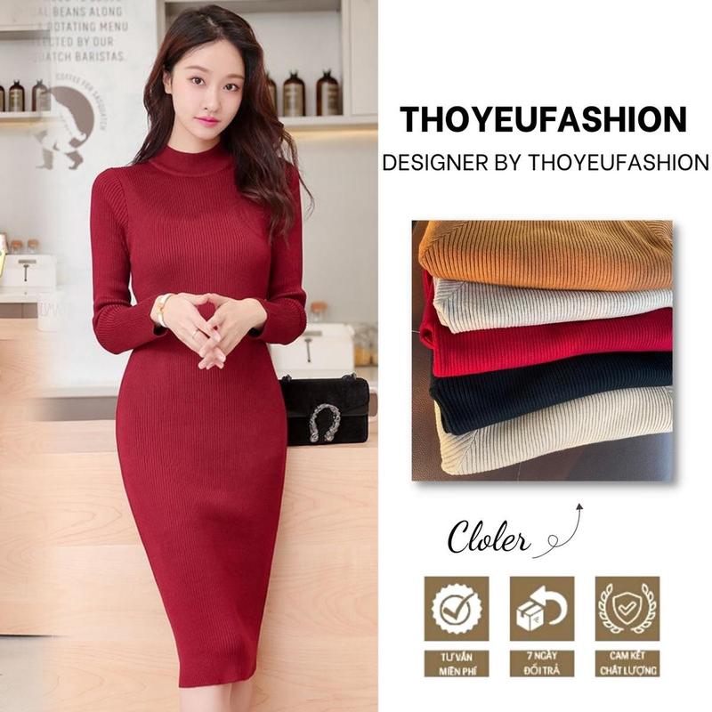  V4245-4246 Váy len body váy len tăm cổ 3 phân silive dáng ôm qua gối chất len dày dặn 2024 