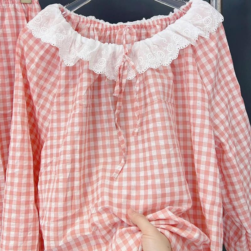Bộ Karo Bèo Cổ - Áo Cổ Bèo Dài Tay + Quần Suông Phom Rộng - Chất Liệu Đủi Karo Hottrend - Hà Huế Shop 6