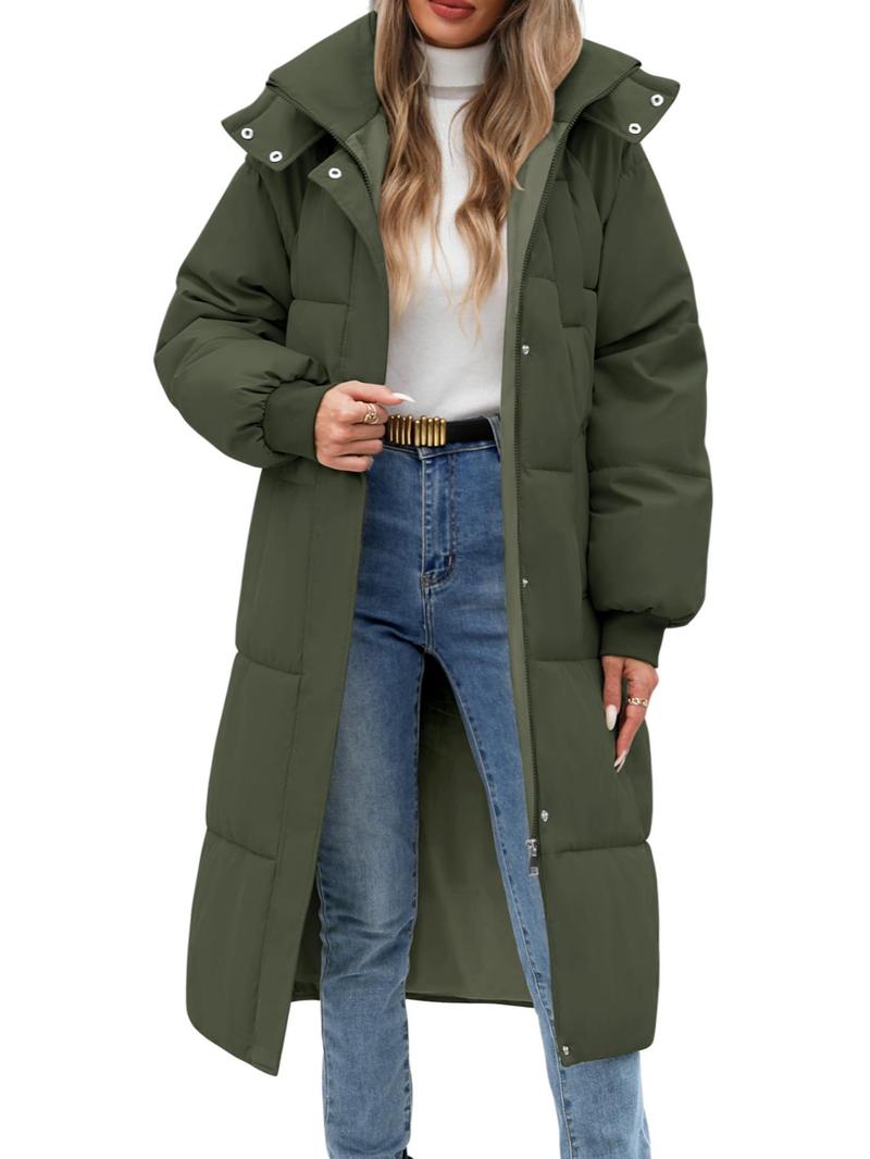 Product Introduction of Women's Solid Button Front Zipper  Hooded Longline Quilted Jacket, Casual Long Sleeve Pocket Design Outerwear for Fall & Winter, Women's Clothing for Daily Wear 8