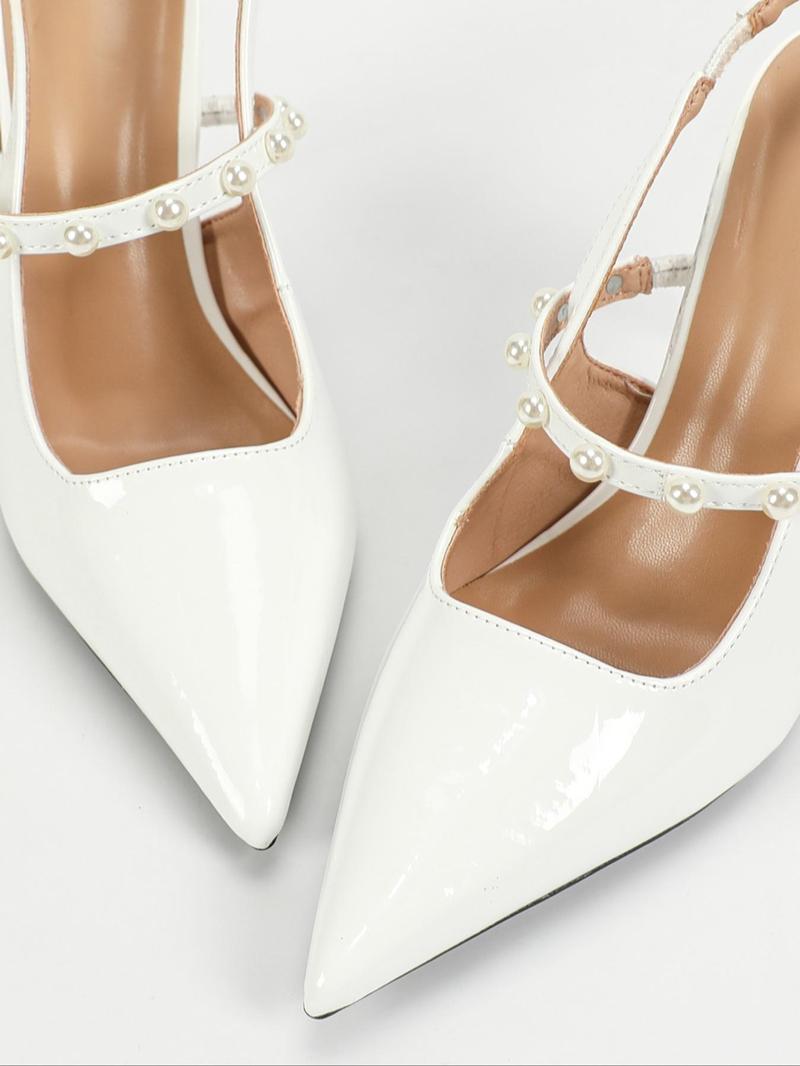 Product Introduction of Women's Fashionable Faux Pearl Decorated Stiletto Heel Shoes, Elegant Pointed Toe Slingback Heels for Party, Daily Clothing Decor for Women & Girls 2