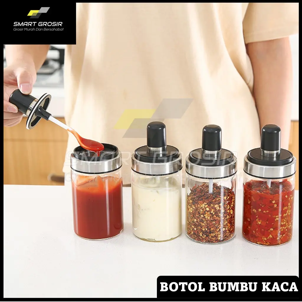 Tempat Bumbu Dapur Botol Kaca Dengan Sendok Toples Bumbu Serbaguna Seasoning Bottle Glass